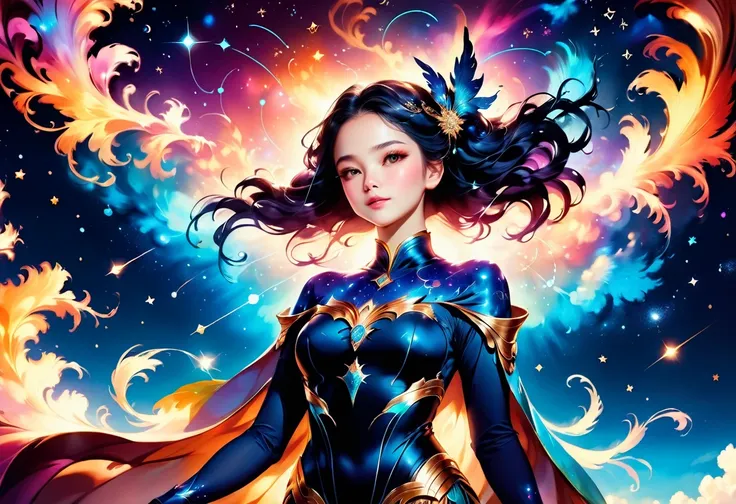 a portrait of the ((libra constellation: 1.3)) in the night sky seen by an astrologer looking at , an extraordinary beautiful woman, there is magic in her eyes divining the future from the Libra constellation, dynamic hair color, dynamic hair style, wearin...