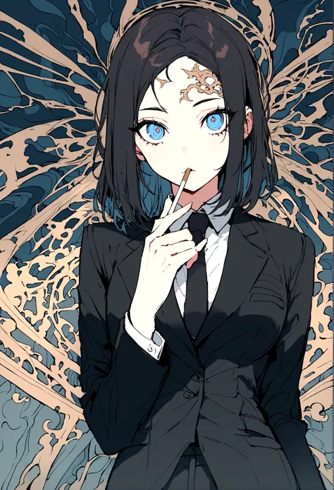 a woman in a suit, looking at viewer with sharp eyes, she holds the cigarette with one hand, beautiful, blue eyes and short, black hair, hair bangs on the forehead, front view