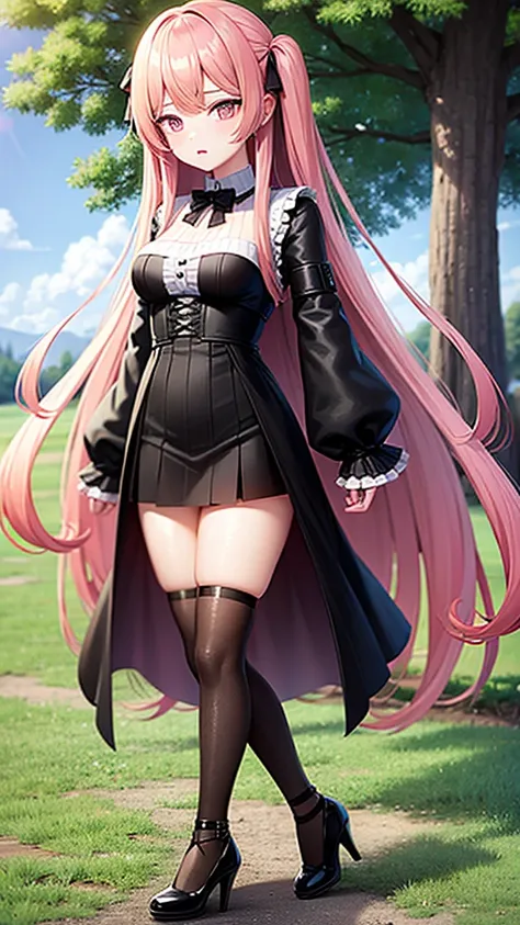 young girl, long straight hair to the waist, pink hair color, violet eye color, chest size is very, very large, goddess of death dress outfit, long skirt, Long front skirt, Long socks up to the upper thigh, black sock color, wear high heels, in the park.