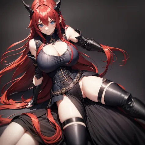 1 Girl, blue eyes, long hair, red hair, ahoge, huge breasts, wearing a black armor, huge gothic castle background