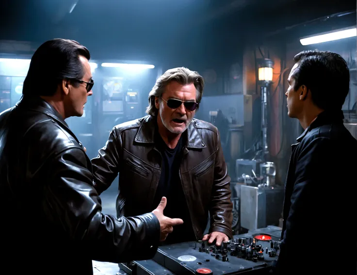 (a man (Kurt Russell 1986) in a leather jacket with sunglasses, angry facial expression (Big Trouble in Little China movies Jack Burton)), gesturing angrily arguing with (Steven Seagal as DC comics Batman), underground lair with high-tech equipment, dark m...