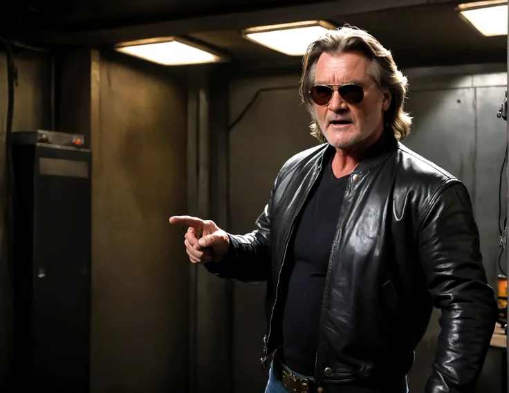 (a man (Kurt Russell 1986) in a leather jacket with sunglasses, angry facial expression (Big Trouble in Little China movies Jack Burton)), gesturing angrily arguing with (Steven Seagal as DC comics Batman), underground lair with high-tech equipment, dark m...