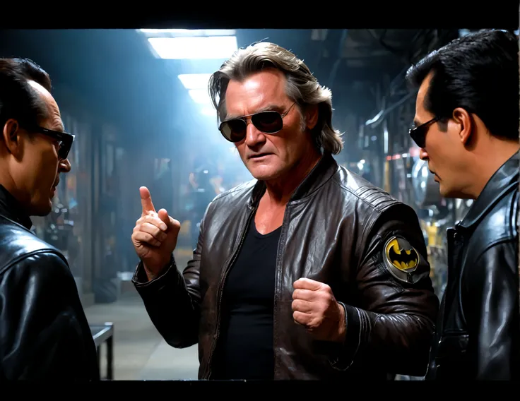 (a man (Kurt Russell 1986) in a leather jacket with sunglasses, angry facial expression (Big Trouble in Little China movies Jack Burton)), gesturing angrily arguing with (Steven Seagal as DC comics Batman), underground lair with high-tech equipment, dark m...