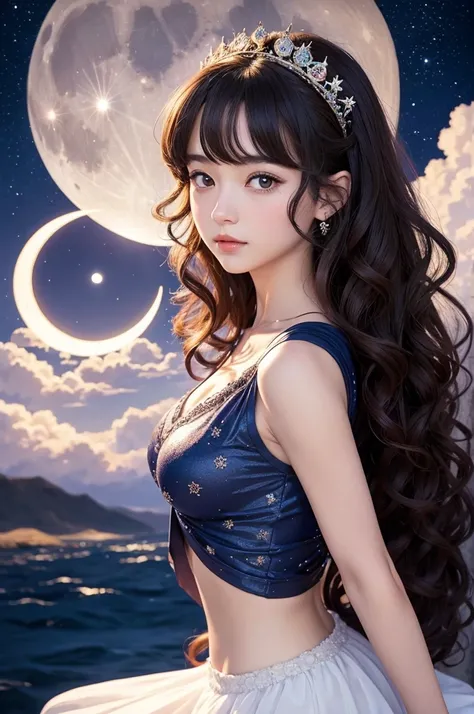 A queen of the moon she with curly hair brunette teaching about the moon with a moon crown he teenager anime style 