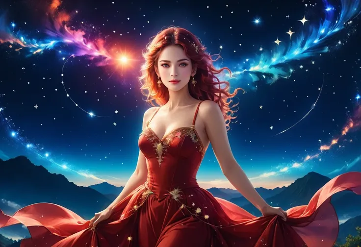 a portrait of an astrologer looking at libra constellation in the night sky, an extraordinary beautiful woman, there is magic in her eyes divining the future from the Libra constellation, dynamic hair color, dynamic hair style, wearing an intricate red dre...