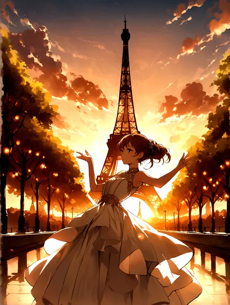 woman (feminine) Charming near the Eiffel Tower, Brown Hair, Attractive pose, 14 years old、The sun behind, Fascinating scenery,Medium Shot