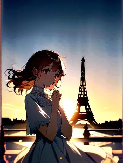 woman (feminine) Charming near the Eiffel Tower, Brown Hair, Attractive pose, 14 years old、The sun behind, Fascinating scenery,Medium Shot