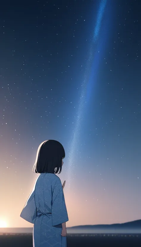 A black-haired girl pointing at the starry sky of Tanabata。She is wearing a light blue yukata with a summery blue and white pattern.、Distant starry sky。A girl in the distance。