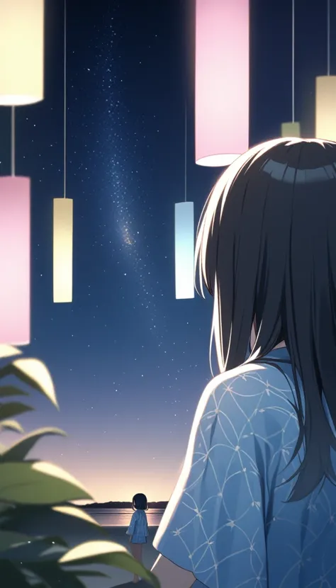 A black-haired girl pointing at the starry sky of Tanabata。She is wearing a light blue yukata with a summery blue and white pattern.、Distant starry sky。A girl in the distance。