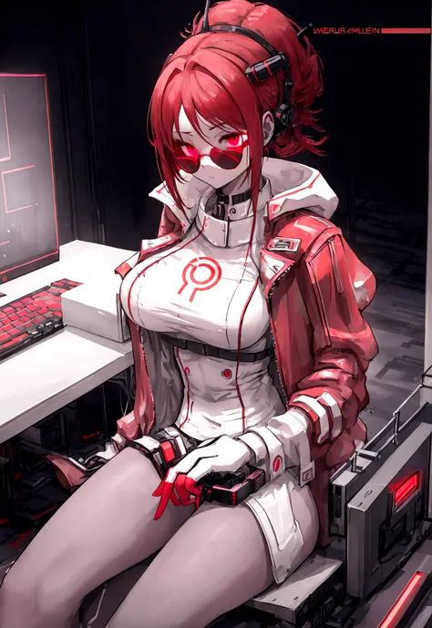 Cyberpunk white girl with red head, hacker sitting at a computer console in an urban hideout. Her look is cool and futuristic, with augmented reality glasses and a high-tech leather jacket. The room is filled with screens and cables, and there is a neon gl...