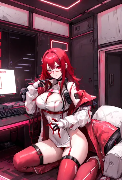 Cyberpunk white girl with red head, hacker sitting at a computer console in an urban hideout. Her look is cool and futuristic, with augmented reality glasses and a high-tech leather jacket. The room is filled with screens and cables, and there is a neon gl...