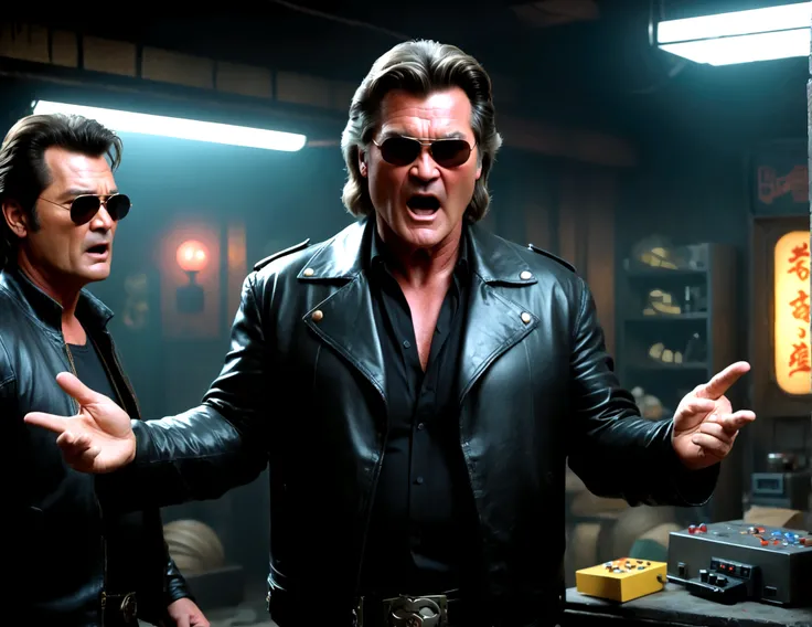 (a man (Kurt Russell 1986) in a leather jacket with sunglasses, angry facial expression (Big Trouble in Little China movies Jack Burton)), gesturing angrily arguing with (Steven Seagal as DC comics Batman), underground lair with high-tech equipment, dark m...