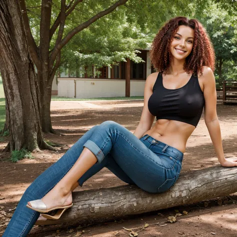 analorde, a woman, smiling, sitting under the tree, deep cut black top, tight jeans, large natural breasts, realistic, photography, red curly medium hair, 