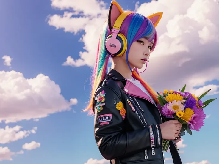 Flowers、Rainbow Hair、Headphones、Cat ear、Seven-colored hair、leather jacket，Flowers and sky background