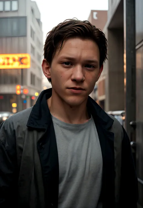 A man tom holland in urban attire,realistic portrait,detailed facial features,cinematic lighting,gritty urban environment,high quality,photorealistic,8k,masterpiece,ultra-detailed,sharp focus,physically-based rendering,vivid colors,professional