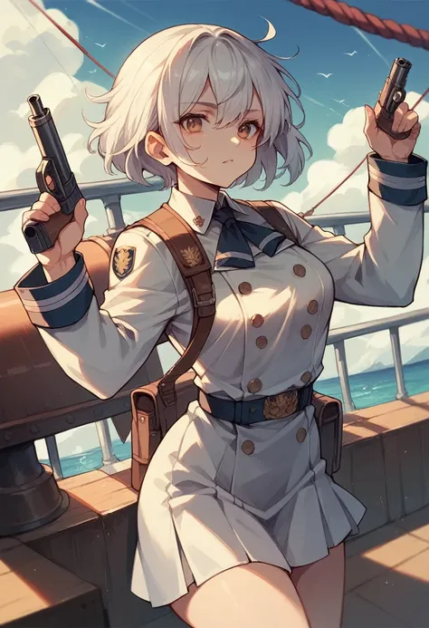 a Short shoulder-length hair girl in white navy uniform on a ship with guns