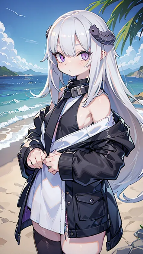 Snake, White hair,  purple eyes with black pupils，unclothed, girl looking towards the sea very realistic 4k mode 