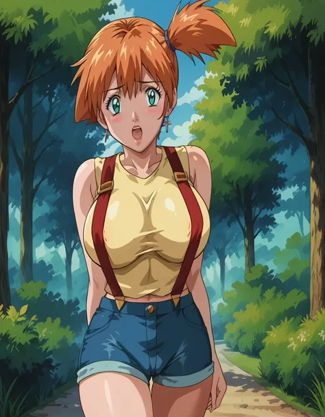 score_9, score_8_up, source_anime Bibl3, cute bimbo, busty shortstack, misty (pokemon), orange hair, huge breasts, bouncy breasts, breast expansion, pokies, wide hips, viewed from front, standing in field, pouty, raised eyebrows, blushing, looking at viewe...