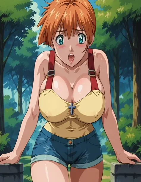 score_9, score_8_up, source_anime Bibl3, cute bimbo, busty shortstack, misty (pokemon), orange hair, huge breasts, bouncy breasts, breast expansion, pokies, wide hips, viewed from front, standing in field, pouty, raised eyebrows, blushing, looking at viewe...