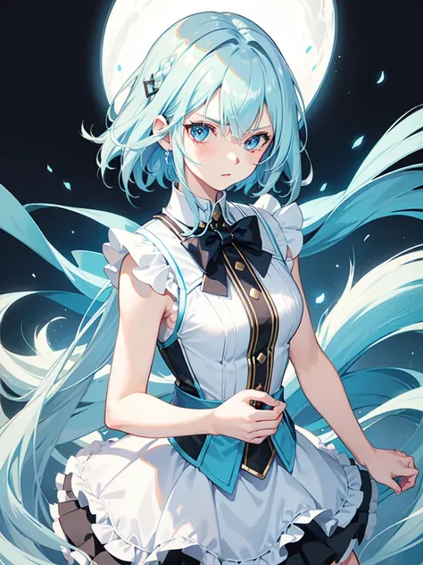 1 girl, light blue hair, light hair hair, sharp eyes, light blue eyes, sleeveless combat dress, bow, serious look, masterpiece, high quality, fantasy eyepatch, unique eyepatch, short hair, short hair, very short hair, unique hair, special hair, long hair l...