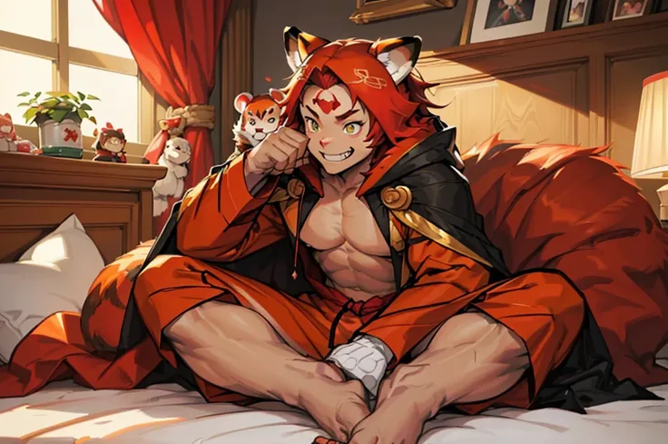 hair orange, greeneyes, boy, the 10, animal ears, cute, shota, cute pijama, flip flop, jaded, sleepy eyes, perfect lighting, extensive detail, detailded, deep skin,texturized skin, ,red panda costume,red and red bear costume , long sleeves, hooded cloak,,m...