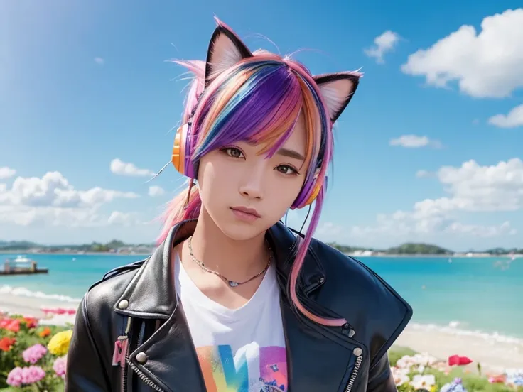 Flowers、Rainbow Hair、Headphones、Cat ear、Seven-colored hair、leather jacket，Flowers and sky background、Young face、Huge 、ponytail