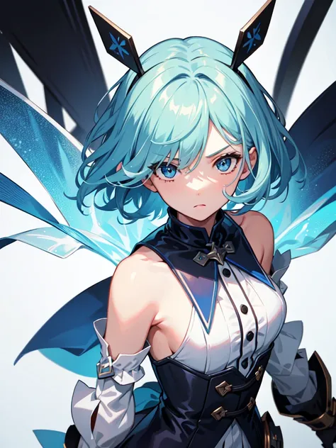 1 girl, light blue hair, light hair hair, sharp eyes, light blue eyes, sleeveless combat dress, bow, serious look, masterpiece, high quality, fantasy eyepatch, unique eyepatch, short hair, short hair, very short hair, unique hair, special hair