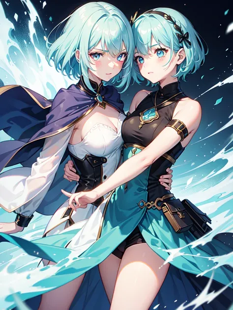 1 girl, light blue hair, light hair hair, sharp eyes, light blue eyes, sleeveless combat dress, bow, serious look, masterpiece, high quality, fantasy eyepatch, unique eyepatch, short hair, short hair, very short hair, unique hair, special hair