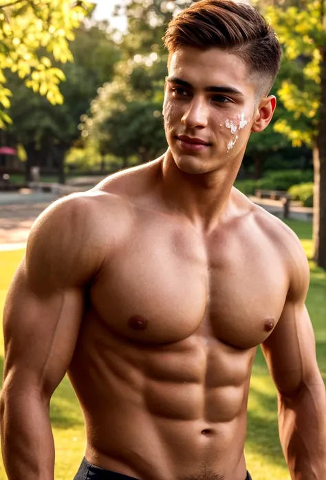 A muscular and handsome young man in his early 20s is doing his skincare routine and applying white sunscreen on his face in a park. He has an ash brown short haircut, an arrogant smile, and subtle stubble. The scene features beautiful natural lighting, (b...