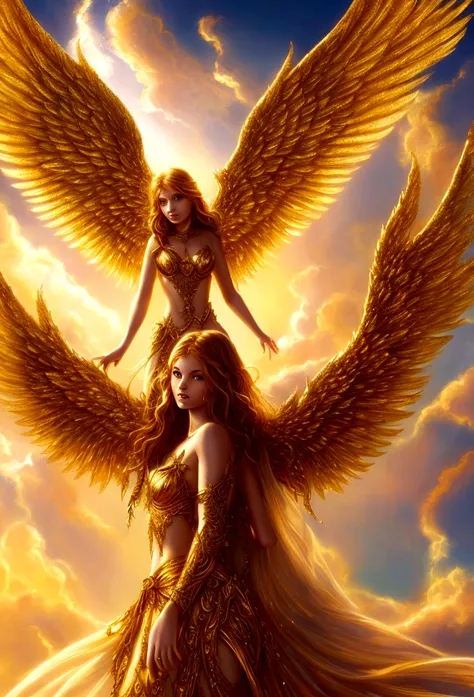 an angel with many huge wings at the entrance to heaven, beautiful colors, in a golden background, ultra realistic, fantasy style, from afar