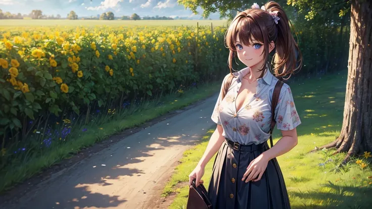 1girl, solo, full body, rural landscape, village, trees, sun, clouds, fantasy, brown hair, ponytail, large breasts, button down shirt, ((floral pattern shirt)), ((short sleeved shirt)), ((unbuttoned shirt)), unbuttoning buttons, cleavage 1:3, blue eyes, da...