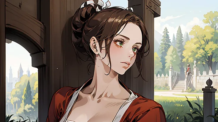 one, digital painting of a woman with her hair tied up in a bun, green eyes, young peasant woman from the 1800s , Soft Features, dark red dress, in the garden, PORTRAIT STYLE, looking away, ((crook in the nose, long aquiline nose))