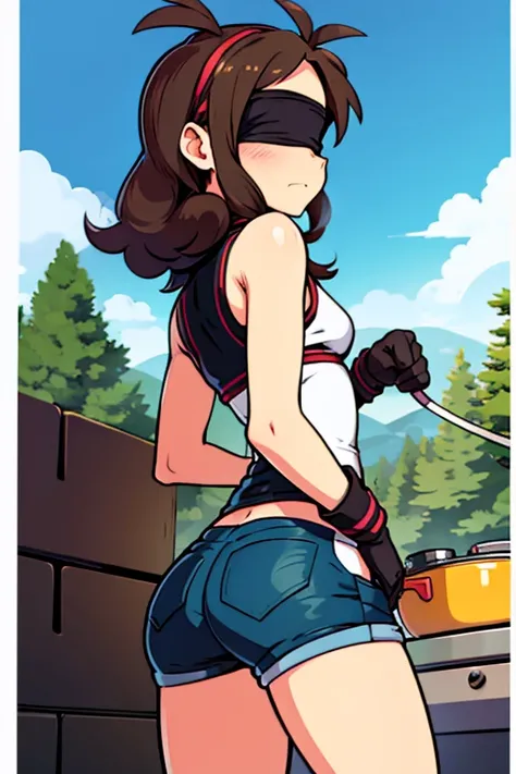 girl in booty shorts, wearing oven mittens tucked in pockets, blindfold
