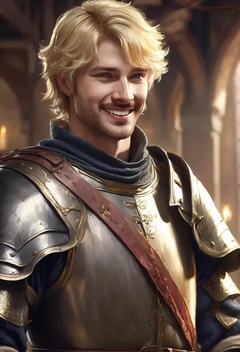 1 man, inside a training room, wearing medieval soldier clothing, defined body, detailed facial features, light eyes, detailed fair skin, short messy mustard blonde hair, laughing expression, dramatic lighting, cinematic composition, warm color palette, at...