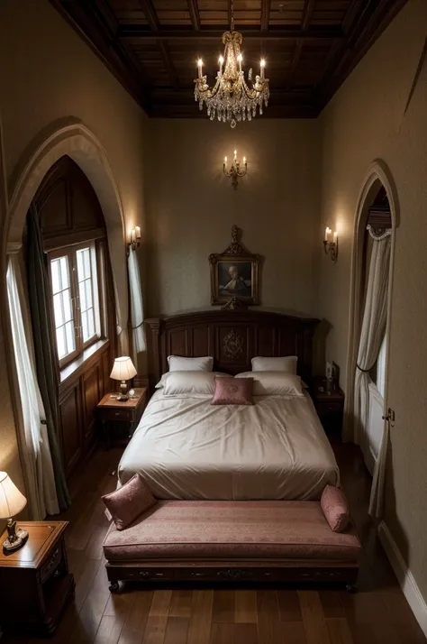 hd realistic image: BDSW room in a castle. +18. There is a bed... And vibrators, handcuffs on top of the four-poster bed. Modern bedroom in a fantasy world.