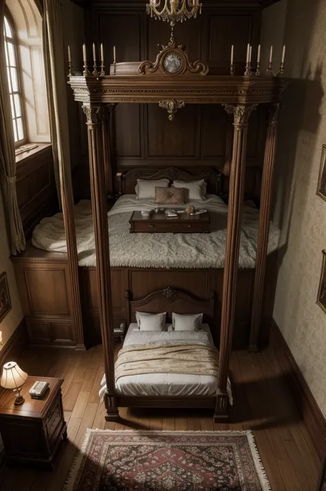 hd realistic image: BDSW room in a castle. +18. There is a bed... And vibrators, handcuffs on top of the four-poster bed. Modern bedroom in a fantasy world.