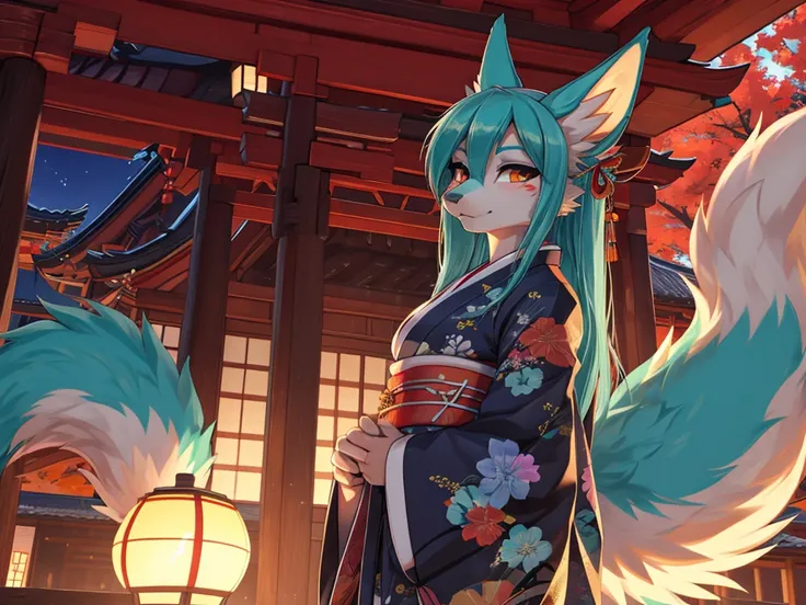 Miku Hatsune, add high definition_detail:1, blue fur,kitsune ears, tribal tattoo add_detail:1 Japanese peincessa kimono, paradisiatic shrine, eclipse solar add_details:1