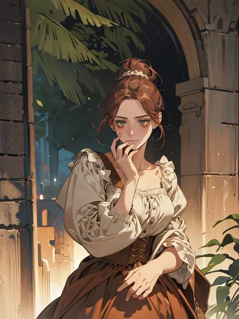 one, digital painting of a woman with her hair tied up in a bun, green eyes, young peasant woman from the 1800s , Soft Features, dark red dress, in the garden, PORTRAIT STYLE, looking away, ((crook in the nose, long aquiline nose))