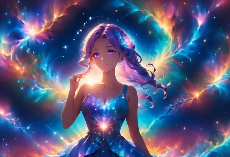 a portrait of the ((libra constellation: 1.3)) in the night sky seen by an astrologer looking at , an extraordinary beautiful woman, there is magic in her eyes divining the future from the Libra constellation, dynamic hair color, dynamic hair style, wearin...