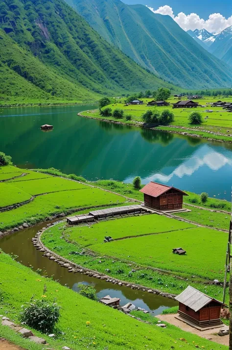 Tittalapalem Village Landscape: A picturesque view of Tittalapalem, with lush green fields, a serene riverbank, and traditional village huts under the vibrant hues of spring.