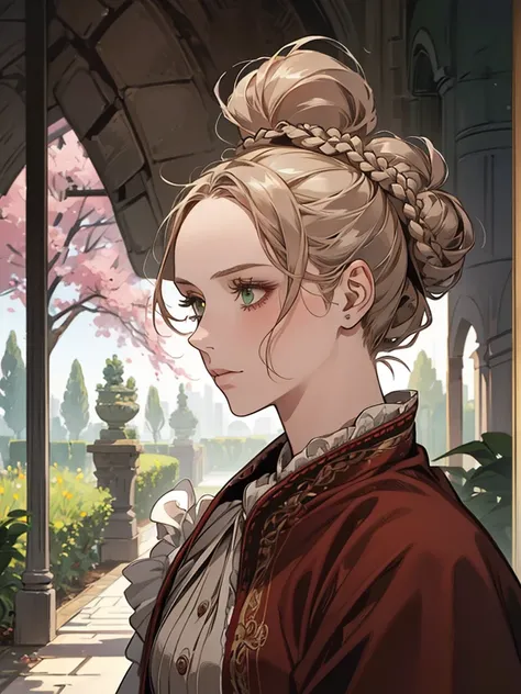 one, digital painting of a woman with her hair tied up in a bun, green eyes, young noblewoman from the 1800s , Soft Features, dark red dress, in the garden, PORTRAIT STYLE, looking away, ((crook in the nose, long aquiline nose))