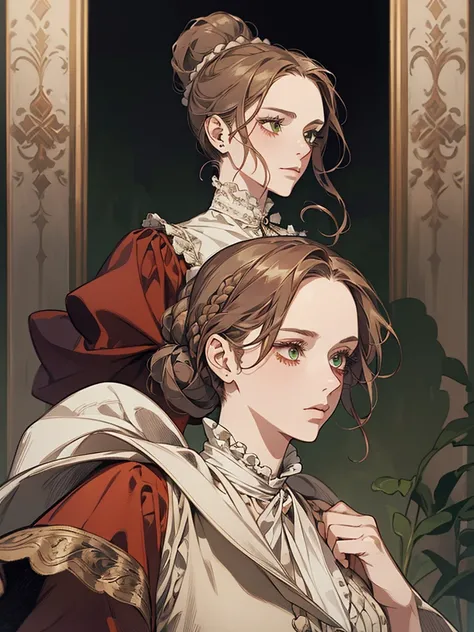 one, digital painting of a woman with her hair tied up in a bun, green eyes, young noblewoman from the 1800s , Soft Features, dark red dress, in the garden, PORTRAIT STYLE, looking away, ((crook in the nose, long aquiline nose))