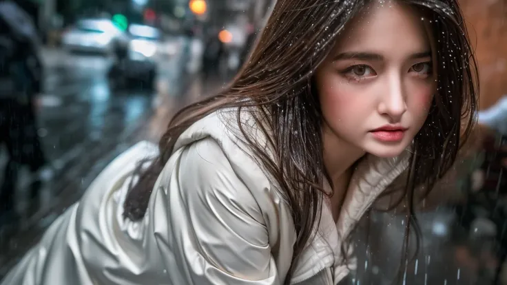 (best quality,8k,masterpiece:1.3),(focus:1.2),beautiful woman with perfect figure:1.4,(buttocks:1.2),(layered hair,breasts:1.2),(wet clothes:1.1),(rain,street:1.3),strapless dress,extremely detailed face and skin texture,beautiful eyes,double eyelids,fair ...