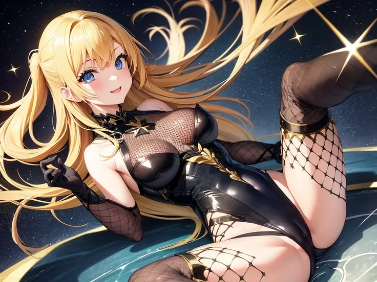 Ample breasts,pretty girl、Golden Hair、Blue Eyes、Black leotard、Star pattern、Bright atmosphere、smile、High leg、Spreading her legs,Fishnet tights、stockings