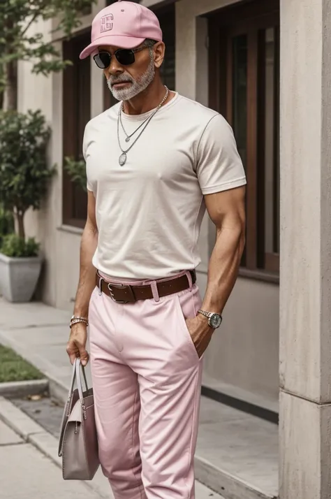 A man with an outfit that consists of an old pink T-shirt, wears light beige pants and white sneakers, also wears an old pink cap, a silver necklace and a silver bracelet, and also wears a brown belt.