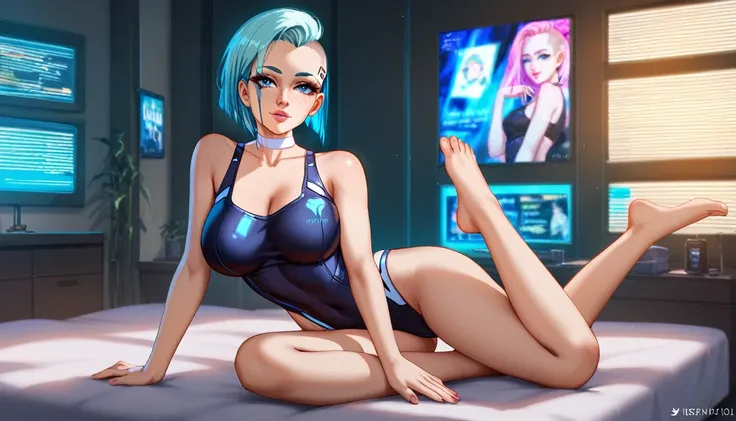 Create a digital anime-style image of a young woman with a modern, hair half top half light pink and half bottom light blue, hair cut side shaved head, eyes blue, lips atractive, beatiful fitness of her body. edgy appearance standing confidently in a dimly...