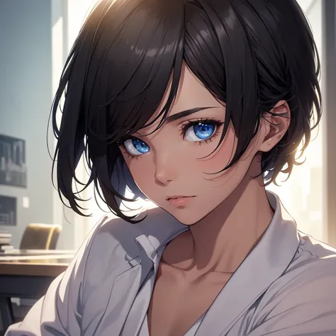 (8K, Best Quality, Masterpiece, Ultra High Resolution) 1 Male, Beautiful Eyes, Face Details, Short Black Hair, Blue Eyes, Sunkissed Skin, Slender, Toned, Suit, Sitting at Desk, Best Quality, Upper Body, Looking at the Viewer, Facing Viewer, Close Up