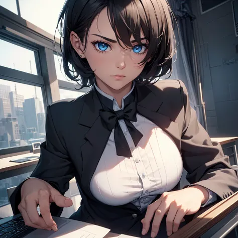 (8K, Best Quality, Masterpiece, Ultra High Resolution) 1 Male, Beautiful Eyes, Face Details, Short Black Hair, Blue Eyes, Sunkissed Skin, Slender, Toned, Suit, Sitting at Desk, Best Quality, Upper Body, Looking at the Viewer, Facing Viewer, Close Up