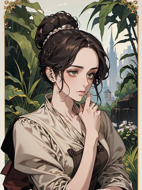 one, digital painting of a woman with her hair tied up in a bun, black hair, green eyes, young noblewoman from the 1800s , Soft Features, dark red dress, in the garden, PORTRAIT STYLE, looking away, ((crook in the nose, long aquiline nose))