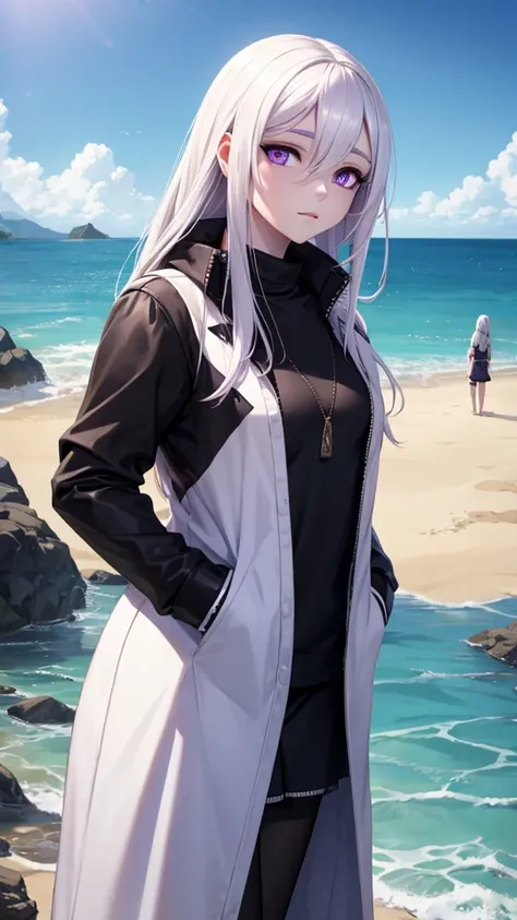 Snake, White hair,  purple eyes with black pupils，with clothes, girl looking towards the sea very realistic 4k mode 